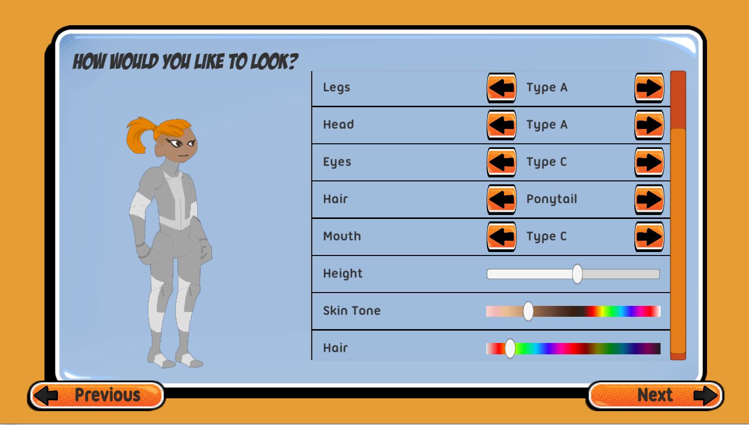 Screenshot of the character creation screen from the Singularities game.