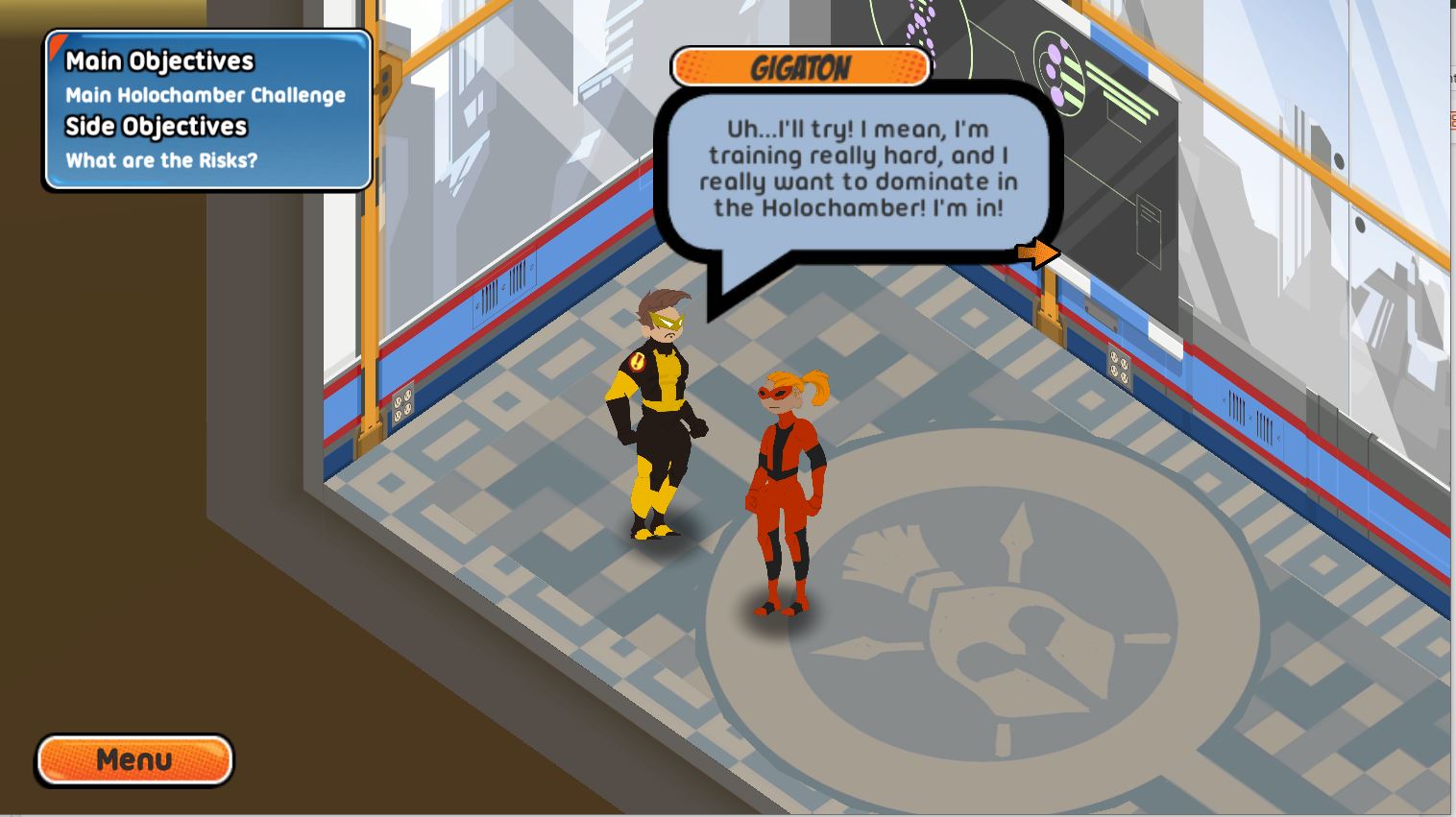 Screenshot from The Singularities game. The player's avatar talks to, Gigaton, one of the NPCs, in a classroom.