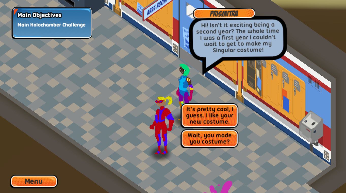 Screenshot from The Singularities game. The player's avatar talks to, Prismitra, one of the NPCs, in a hallway.